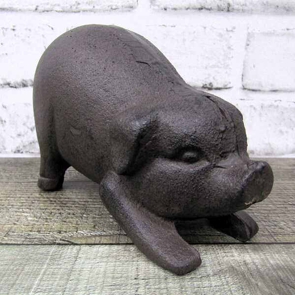 Cast Iron Playful 6 Inch Pig Hog Doorstop Paperweight Rustic Antique Style Decor