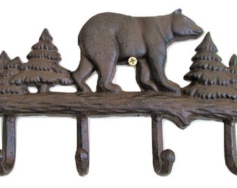 Set of 2 Rustic Western Black Bear Roaming The Forest Cast Iron Wall Coat Hooks 