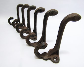 Set of 6 or 12 Antique-Style Rustic Brown Double School Coat Hooks Cast Iron Hardware Farmhouse Decor