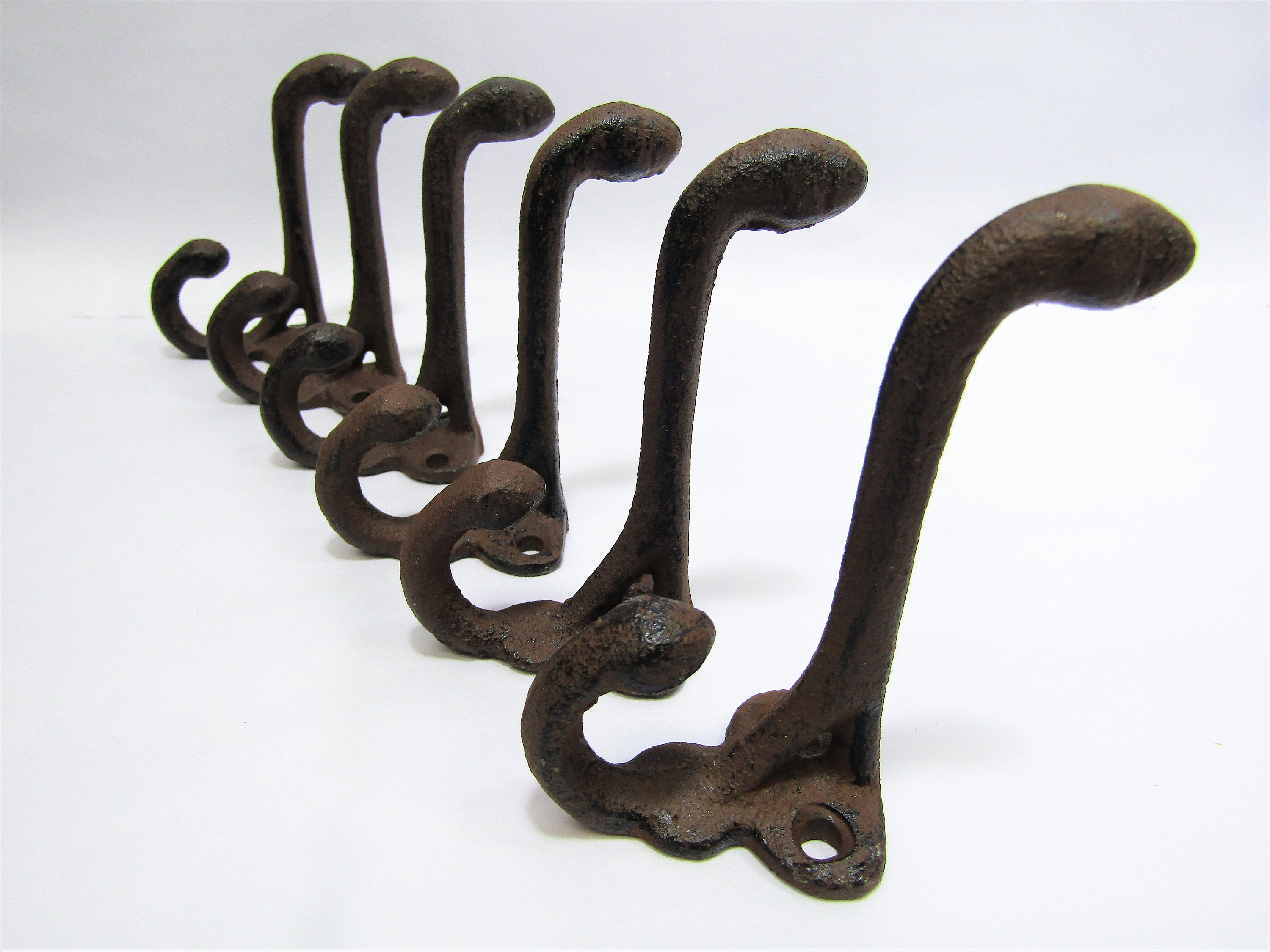 Set of 6 or 12 Antique-style Rustic Brown Double School Coat Hooks