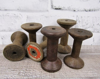 Set of 6 Antique Wood Wooden Small Textile Bobbins Spindles Spools Stained Wood