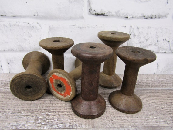 Set of 6 Antique Wood Wooden Small Textile Bobbins Spindles Spools Stained  Wood 
