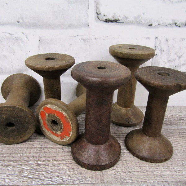 Set of 6 Antique Wood Wooden Small Textile Bobbins Spindles Spools Stained Wood