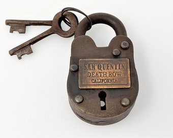 Antique Style Rustic Cast Iron San Quentin Death Row California Gate Lock Padlock w/ Working Keys
