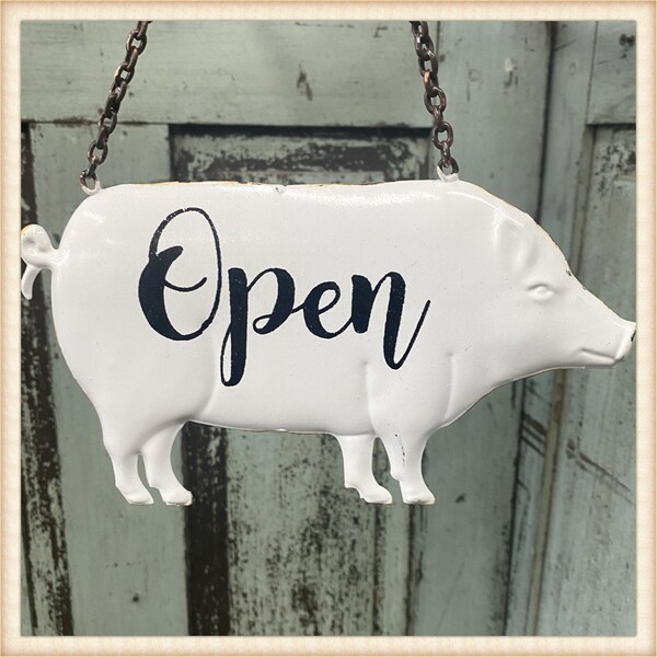 Vintage Style Enamel Pig Reversable Open/Closed Store Shop Sign on Chain Country Farmhouse