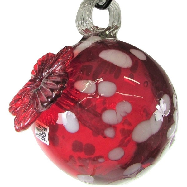 Parasol Hummingbird Feeder Mini Droplet Hand Blown Recycled Glass Red w/ White Spots