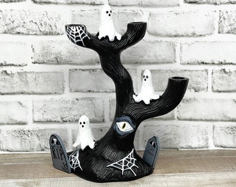 Ceramic Graveyard Ghost Candelabra Taper Candle Holder Oddities Gothic Emo Spooky Halloween