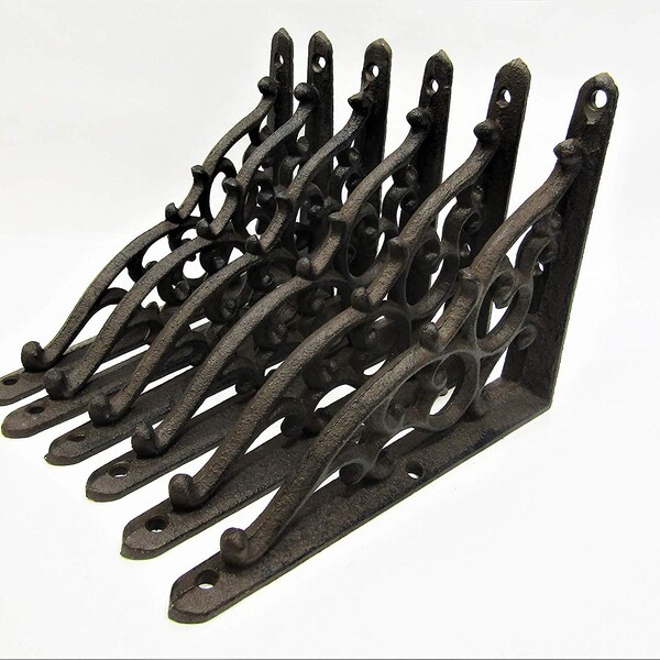 Set of 4 or 6 Antique Style Cast Iron 5 1/4" x 7" Shelf Brackets Braces Hangers