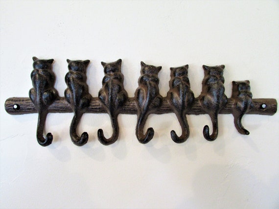 Cat Single Key Hook Towel Hat Coat Hanger Rustic Cast Iron Antique Style 