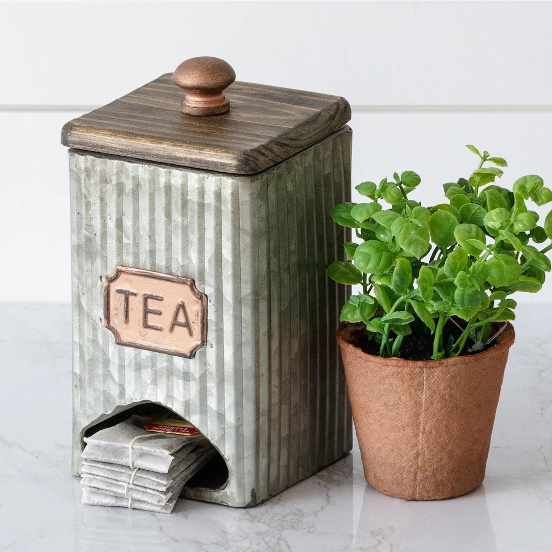Corrugated Metal Silver Tea Bag Holder Dispenser Canister Vintage Style