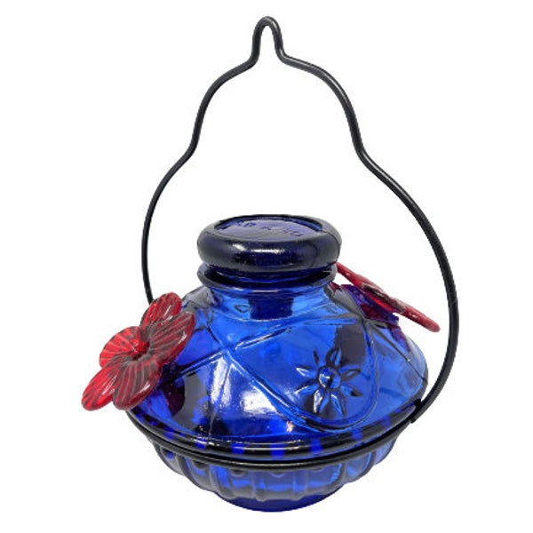 Parasol Double Pot De Creme Hummingbird Feeder Hand Blown Recycled Glass Blue