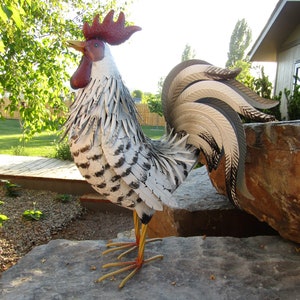 Country Rustic 21" Tall Black & White Colored Metal Rooster Chicken Yard Art Farm Barnyard