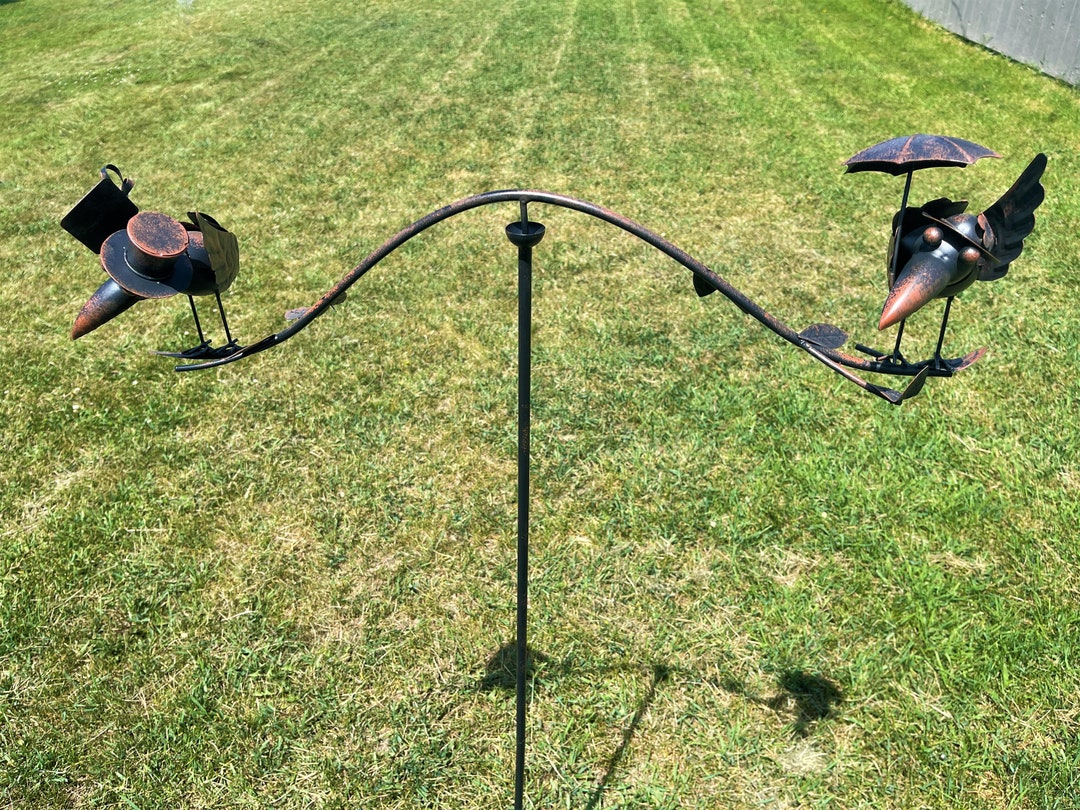 Balancer Metal Double Birds Crows W/ Umbrella Yard Stake Wind Spinner