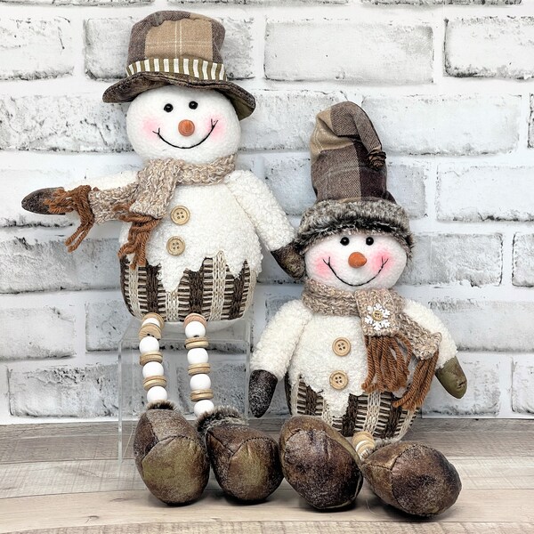 Set of 2 Adorable Vintage Style Plush Shelf Sitter Snowman w/ Wood Bead Dangling Legs Weighted Bottom