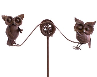 Rusty Metal Double Owls Balancer Rocker Yard Stake Wind Spinner Whirly-Gig Windmill Garden Art