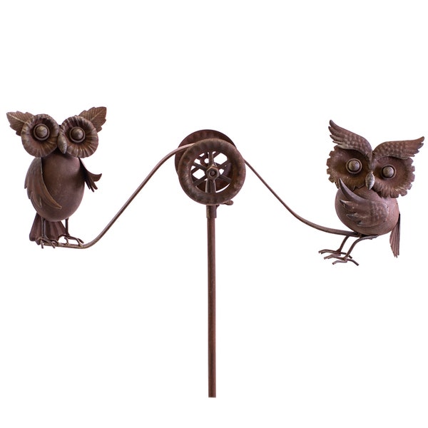 Rusty Metal Double Owls Balancer Rocker Yard Stake Wind Spinner Whirly-Gig Windmill Garden Art