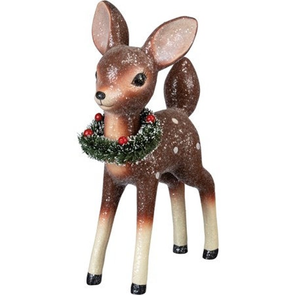 Retro Style 9.25" Tall Resin Glitter Snow Fawn Deer w/ Wreath Statue Figurine Holiday Christmas