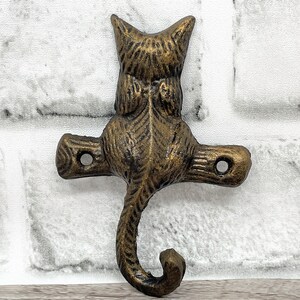 Hand Painted Cast Iron 4" Single Brown w/ Antique Gold Accents Cat Kitty Coat Hat Key Purse Bag Hook Rack Hanger