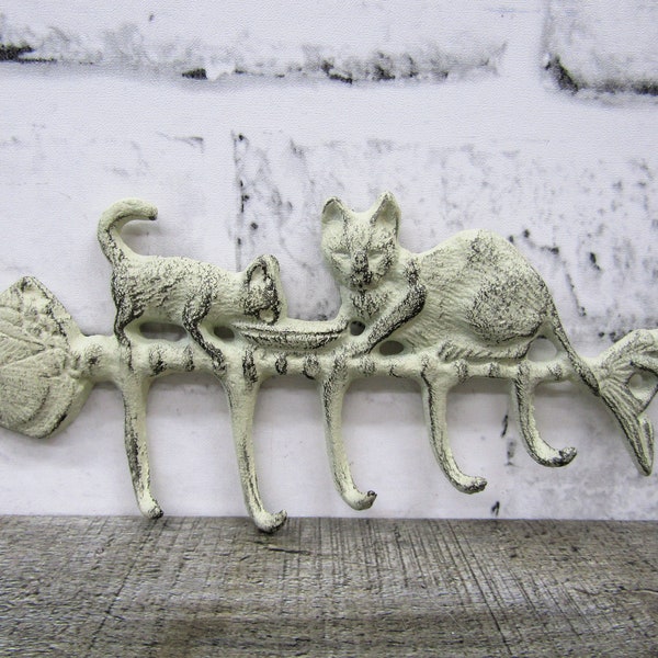 Small Cast Iron 7.5" Cream/Off White Cats on Fish Bone Key Jewelry Necklace Bracelet 5 Hook Rack Hanger Organizer