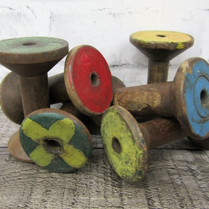 Set of 6 Antique Wood Wooden Small Textile Bobbins Spindles Spools Paint & Stained Wood