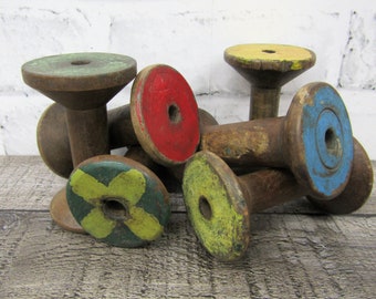 Set of 6 Antique Wood Wooden Small Textile Bobbins Spindles Spools Paint & Stained Wood