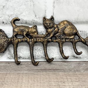 Small Cast Iron 7.5" Dark Brown w/ Gold Accents Cats on Fish Bone Key Jewelry Necklace Bracelet 5 Hook Rack Hanger Organizer