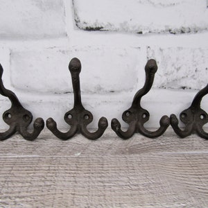 Set Of 4 Cast Iron Antique-Style Rustic School Triple Coat Hooks Wall Hardware