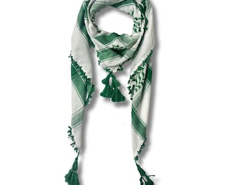 White & Green Kuffiyeh – Handcrafted Palestinian Scarf with Traditional Elegance