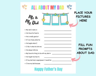 Alles über meinen Vater Fragebogen zum Vatertag Fragebogen Vater Geschenk von Kindern, DIY Vatertag Färbung Karte Aktivität, füllen Sie das leere Arbeitsblatt aus