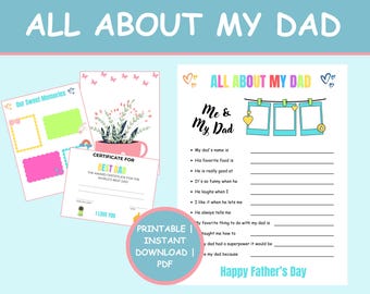 Alles über meinen Vater Fragebogen zum Vatertag Fragebogen Vater Geschenk von Kindern, DIY Vatertag Färbung Karte Aktivität, füllen Sie das leere Arbeitsblatt aus