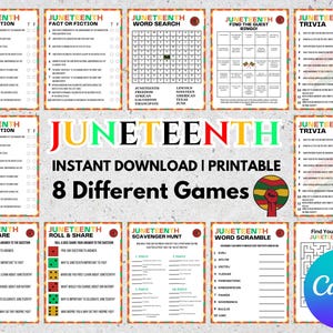 Pode incluir: Uma coleção de oito jogos imprimíveis do Juneteenth, incluindo trivia e caça-palavras. O design apresenta um esquema de cores vermelho, amarelo, verde e preto, com a palavra "Juneteenth" em destaque. Download imediato.