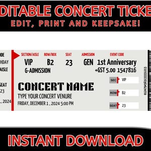 Biglietti per concerti modificabili su Canva, modello di biglietti fai da te, biglietti per concerti personalizzati stampabili, idea regalo di compleanno, regalo a sorpresa, download digitale