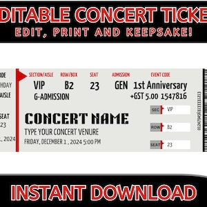 Biglietti per concerti modificabili su Canva, modello di biglietti fai da te, biglietti per concerti personalizzati stampabili, idea regalo di compleanno, regalo a sorpresa, download digitale