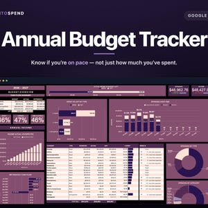 May include: A digital annual budget tracker for Google Sheets with a dark purple interface. The dashboard displays financial data including cash flow summaries, income charts, spending by category, and monthly budget progress in tables and graphs.