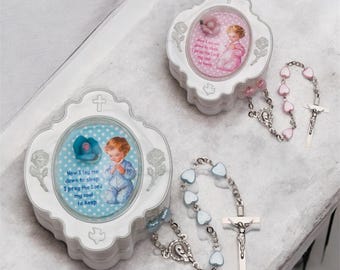 Baby’s First Rosary Set – Boy or Girl Heart Rosary, Now I Lay Me Down to Sleep Prayer Box