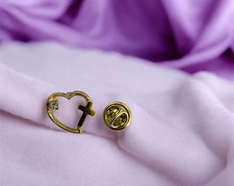 Heart With Cross Lapel Pin - Crystal Stone