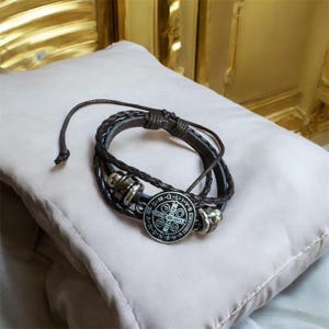 St. Benedict Braided Leather Bracelet: Christian Medal, Adjustable Strap