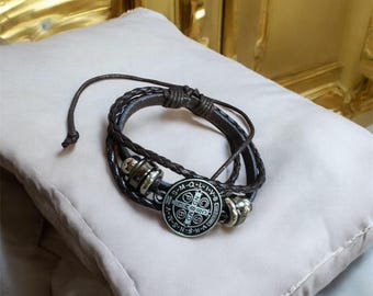 St. Benedict Braided Leather Bracelet: Christian Medal, Adjustable Strap