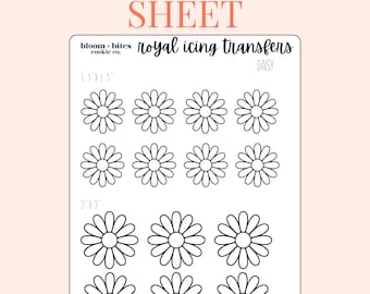 Op de afbeelding: Afdrukbare royal icing transfer sheet met daisy-ontwerpen in twee maten: 1,5 inch bij 1,5 inch en 2 inch bij 2 inch. De sheet bevat de tekst "bloom + bites cookie co. royal icing transfers DAISY".