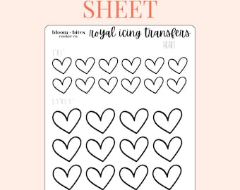 May include: Printable royal icing transfer sheet with 18 heart shapes in two sizes: 1 inch by 1 inch and 1.5 inches by 1.5 inches. The sheet is white with black outlines of the hearts.
