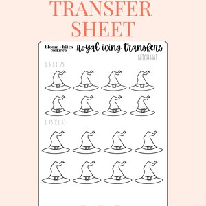 May include: Printable sheet of 18 witch hat cookie icing transfers. The sheet includes two sizes of witch hats, 1.5 inches by 1.25 inches and 1.75 inches by 1.5 inches. The sheet is white with black outlines of the witch hats.