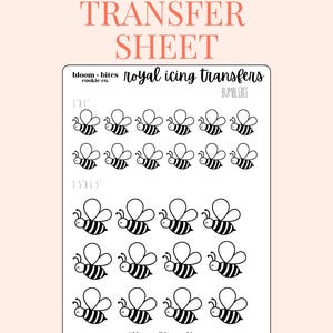 May include: Printable royal icing transfer sheet with 18 black and white bee designs. The sheet includes two sizes of bees, 1 inch and 1.5 inches. The sheet is labeled "Bumblebee" and is for instant download.