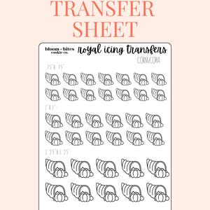 May include: Printable royal icing transfer sheet with a cornucopia design. The sheet includes three sizes of transfers: 0.75 inches by 0.75 inches, 1 inch by 1 inch, and 1.25 inches by 1.25 inches. The sheet is designed for use with royal icing and is perfect for decorating cookies, cakes, and other baked goods.