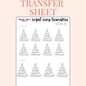May include: Printable royal icing transfer sheet featuring 10 Christmas tree designs in two sizes: 1.5 inches by 1.75 inches and 1.75 inches by 2 inches. The sheet is designed for use with cookies and other baked goods.