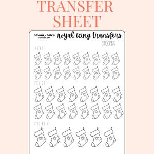 May include: Printable royal icing transfer sheet with 30 stocking designs in three sizes: 0.75 x 1 inch, 1 x 1.25 inches, and 1.25 x 1.5 inches.  The sheet is for use with royal icing and is perfect for decorating cookies, cakes, and cupcakes.