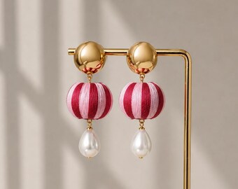 Pink Thread Ball Pearl Drop Earrings | Gold Bridal Guest Statement Jewelry