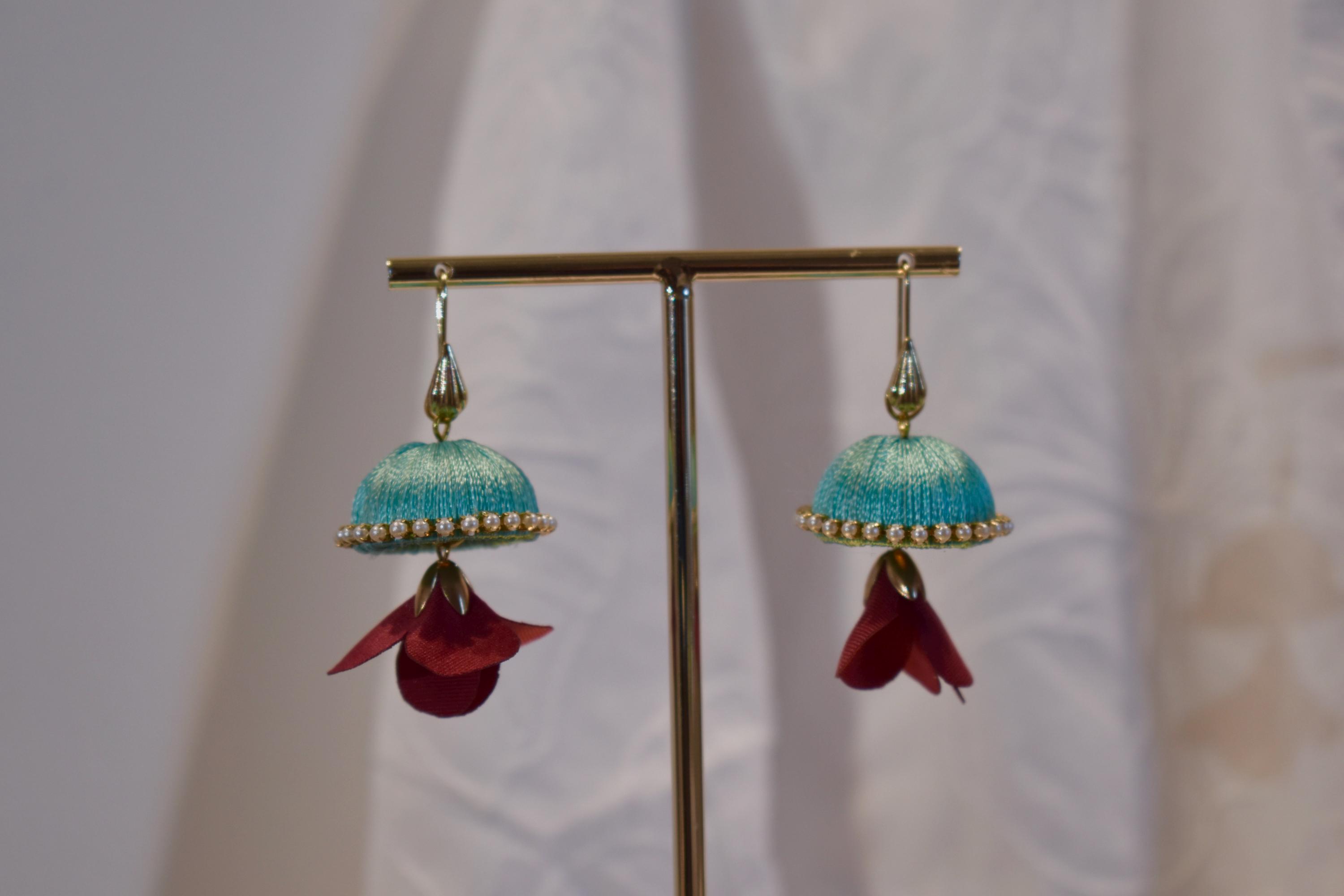 GOELX Royal Blue Silk Thread Jhumki Earrings - Studded With Rhinestones For Weddings & Parties - View #2