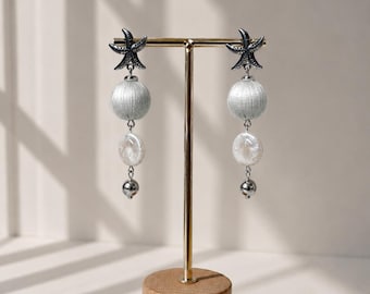 Starfish Pearl Dangle Earrings | Platinum Plated, Seafoam Bauble, Coastal Beach Wedding Jewelry