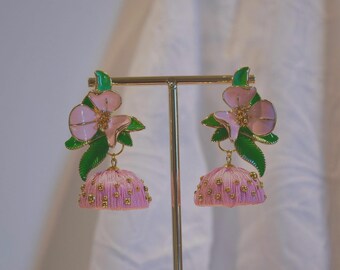 Handcrafted Cream Floral Dangle Earrings | Silk Thread, Gold Studs