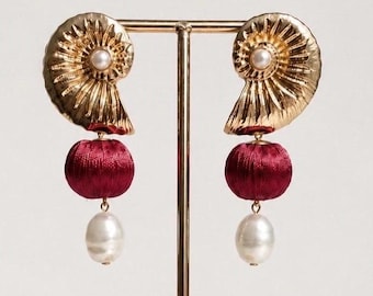Gold Nautilus Shell Earrings | Crimson Silk & Freshwater Pearl Drop | Coastal Resort Jewelry